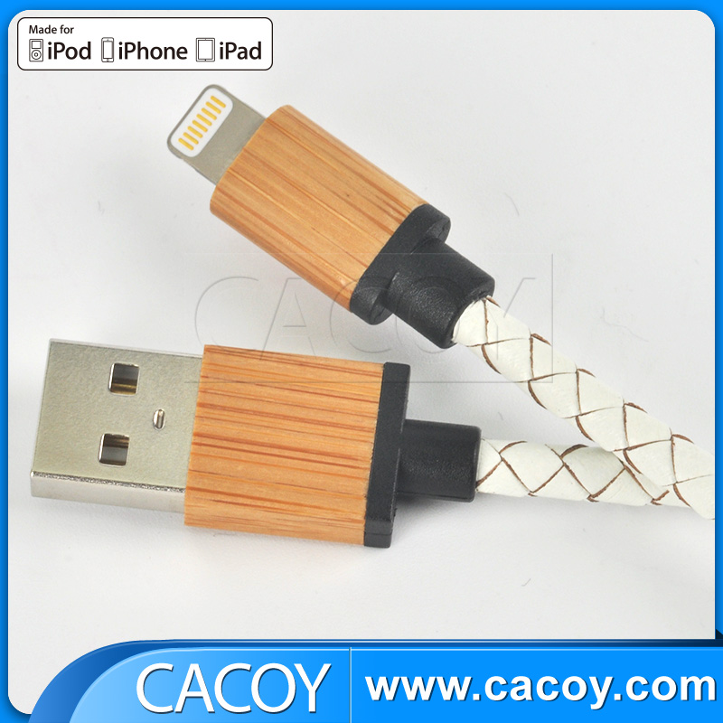 MFi White PU Leather Braided iPhone Cable with Wooden Connector.